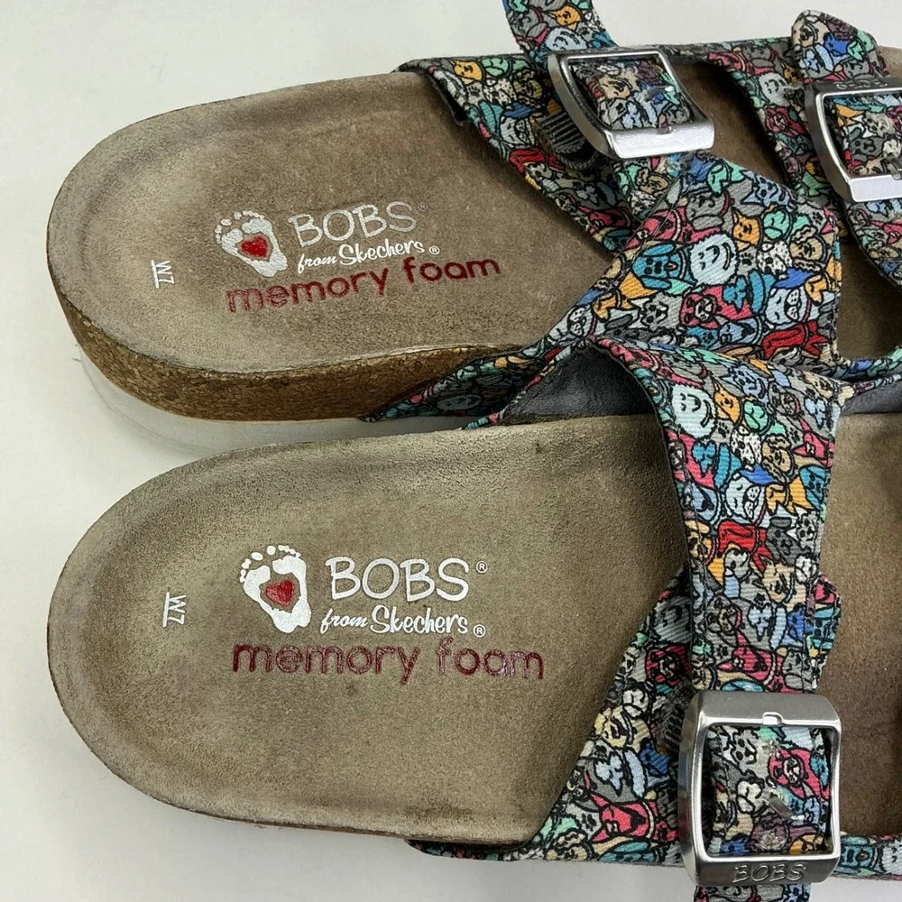 BOBS Skechers Multicolor Dog Print Slide Sandals Kids Size 7 Memory Foam Buckle